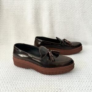 Tod's Two Tone Glossed Brown Black Almond Tassel Platform Creeper Loafers 41.5